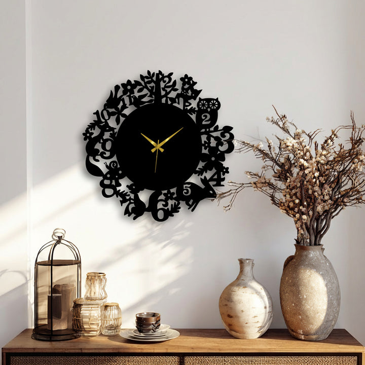 The whimsical Woodland Animals Metal Wall Clock, a unique metal wall art, features an intricate forest nature design with golden hands for a distinctive touch.
