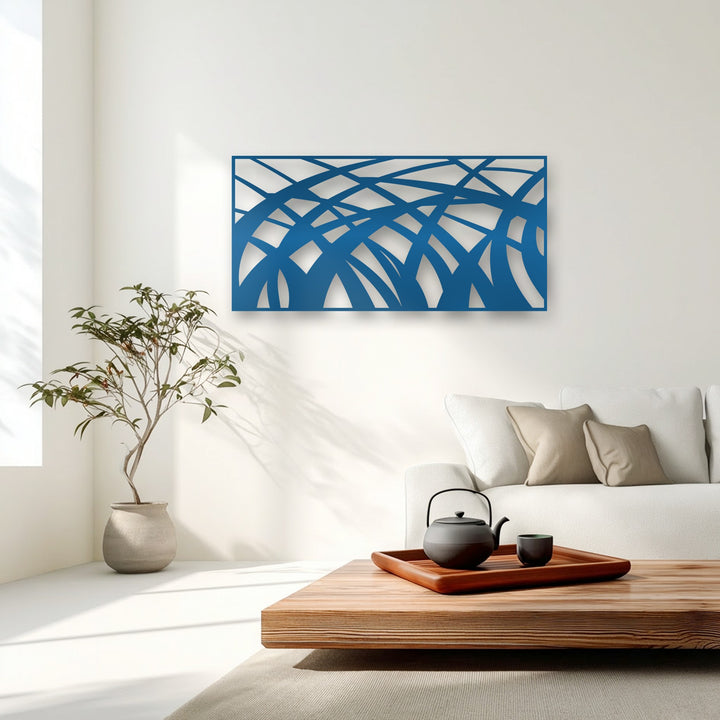 Deep blue abstract metal artwork featuring an intricate design of flowing geometric lines and wave patterns on a modern rectangular panel.
