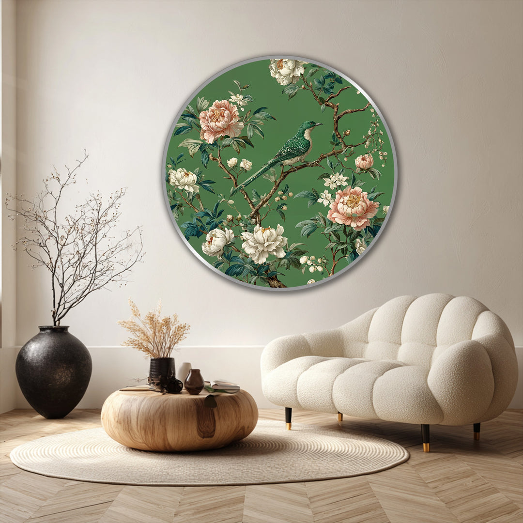 Featuring a silver border, this round oil painting decoration showcases an emerald songbird and floral design, enhancing the artwork's framed appearance.