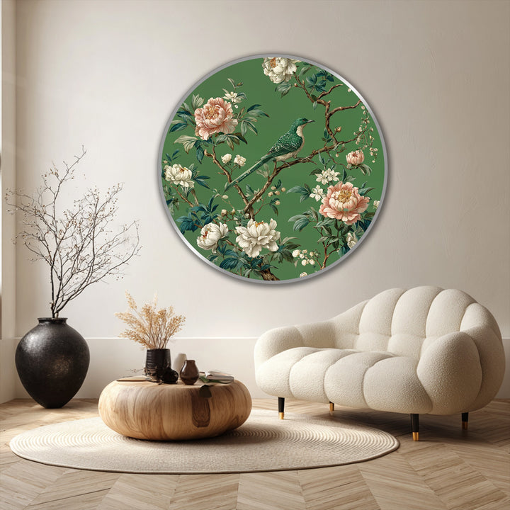 Featuring a silver border, this round oil painting decoration showcases an emerald songbird and floral design, enhancing the artwork's framed appearance.