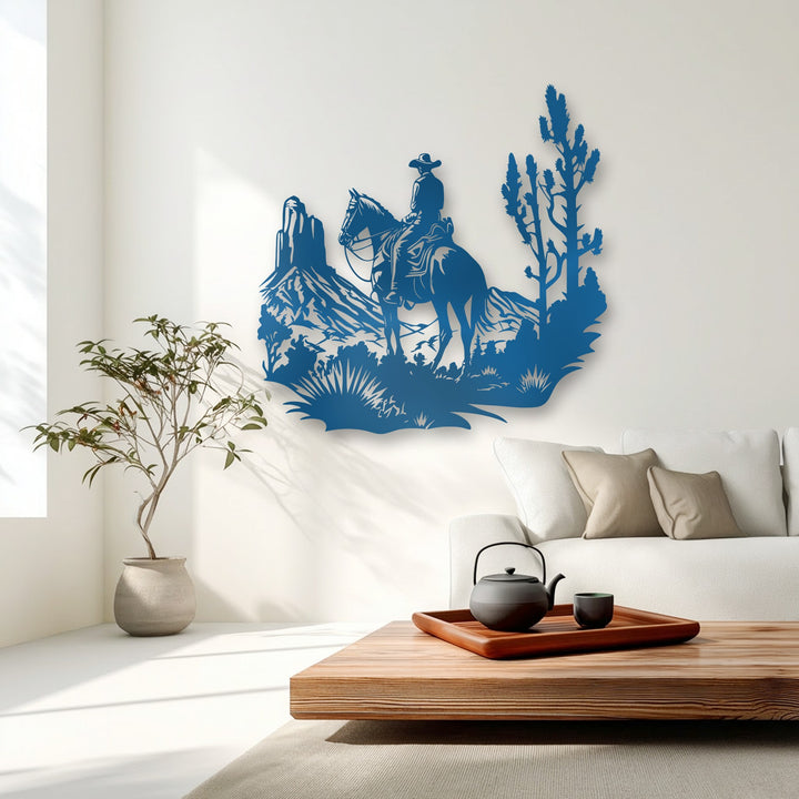The serene stillness of a cowboy and horse traversing a desert landscape is perfectly depicted in this unique metal wall art.