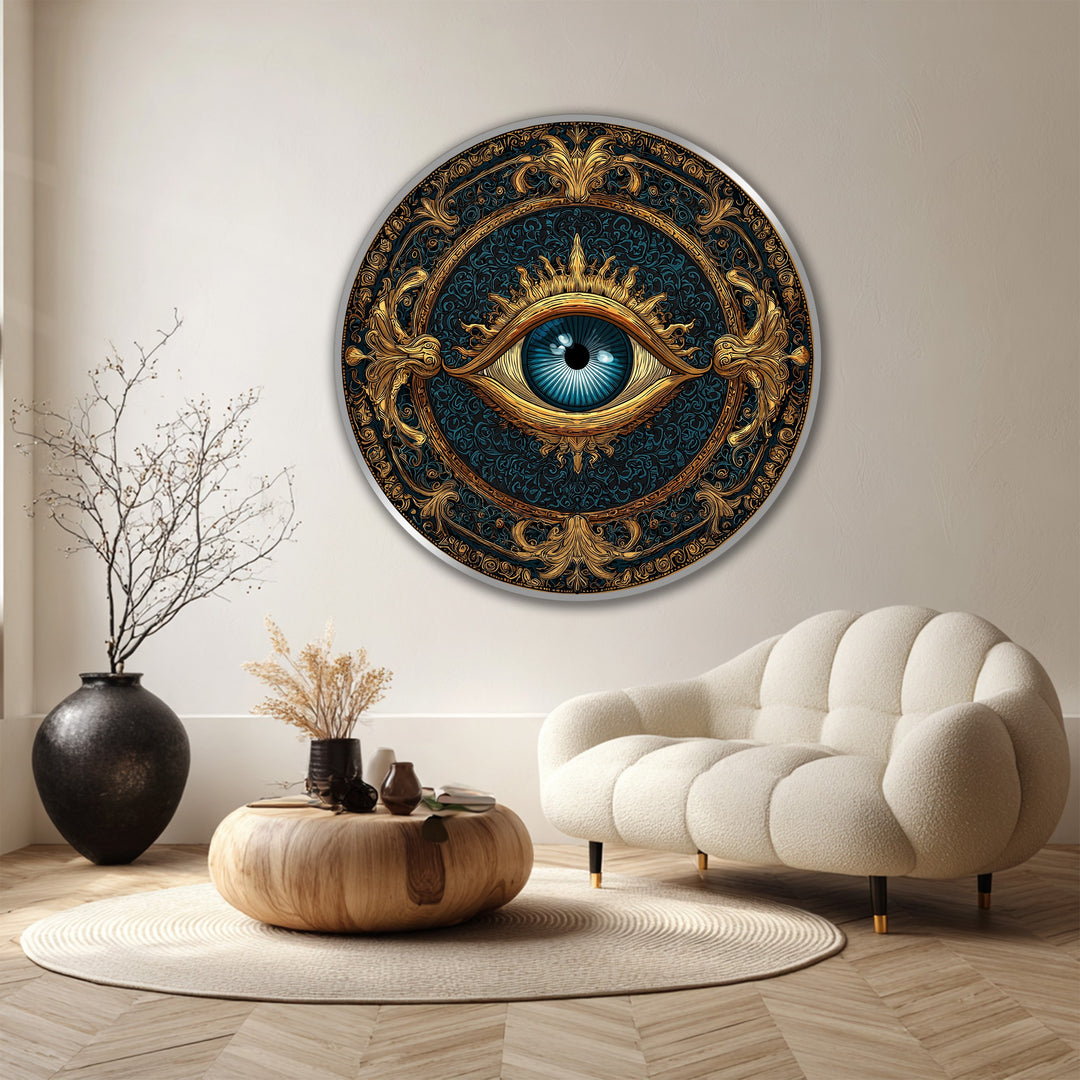 Oriented horizontally, this round ornate wooden oil painting art piece showcases a celestial guardian eye in stunning gold and blue tones.