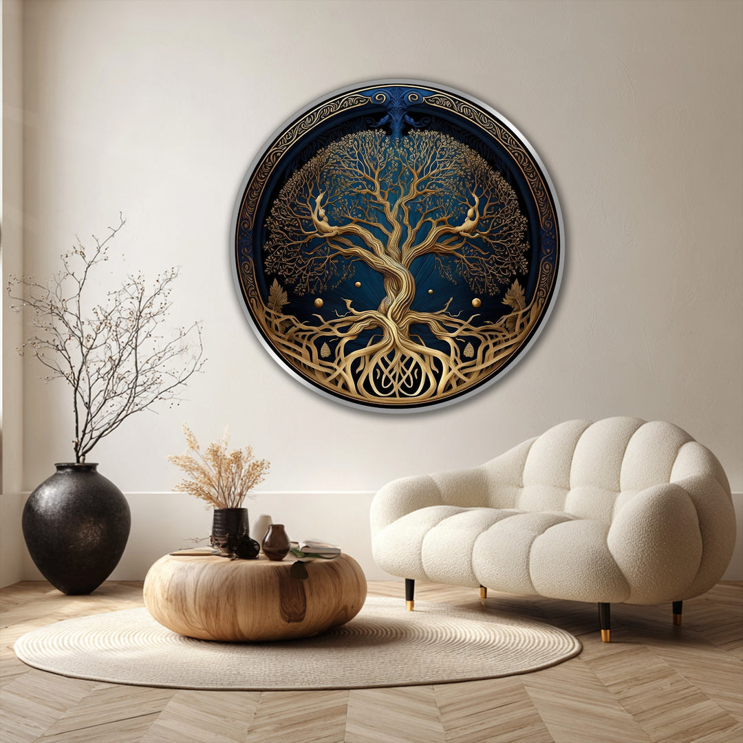 Boldly saturated, the modern oil painting art features a golden Tree of Life round oil painting against a deep blue backdrop, radiating rich, celestial hues.