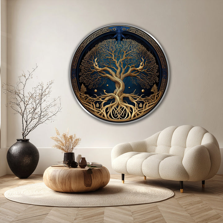 Boldly saturated, the modern oil painting art features a golden Tree of Life round oil painting against a deep blue backdrop, radiating rich, celestial hues.