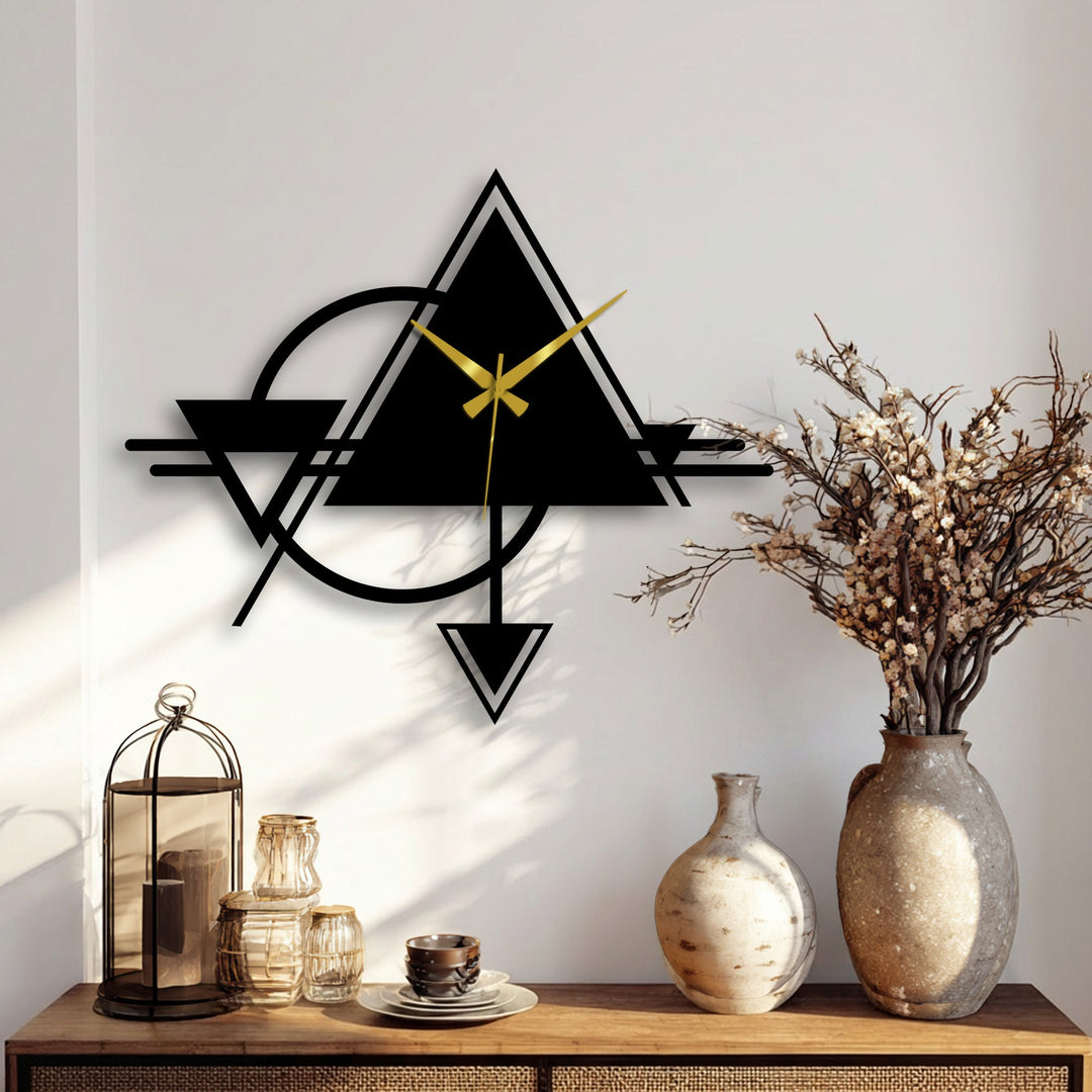 Color shifts accentuate the black geometric design of this decoration wall art clock, creating a stunning contrast between the hands and the wall.