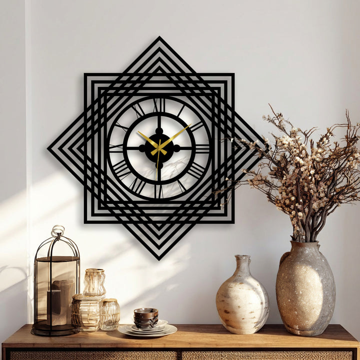 Capturing attention, the geometric layered metal wall clock showcases decorative metal art as a striking, bold element in distinctive home decor.