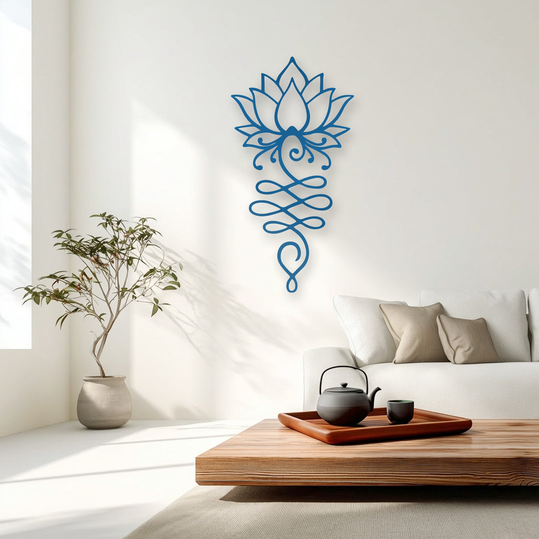 The geometric lines of the blue lotus flower symbol create an intricate metal artwork, perfect for spiritual zen decor.