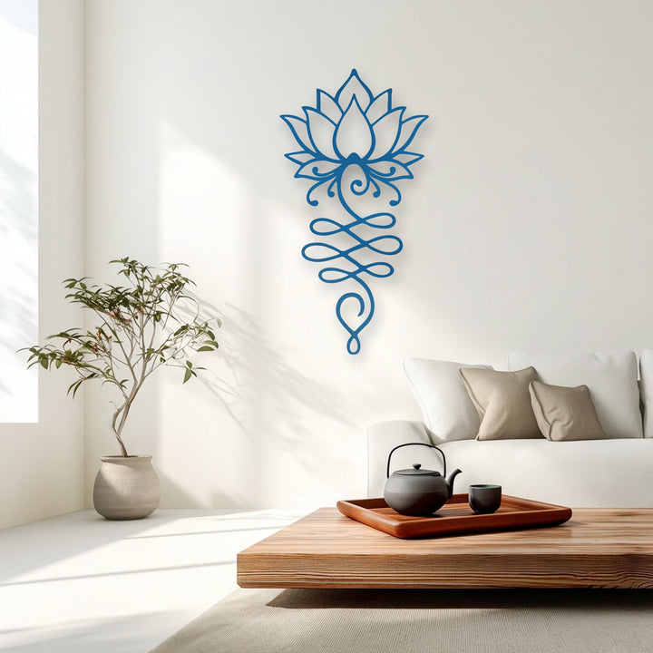 The geometric lines of the blue lotus flower symbol create an intricate metal artwork, perfect for spiritual zen decor.