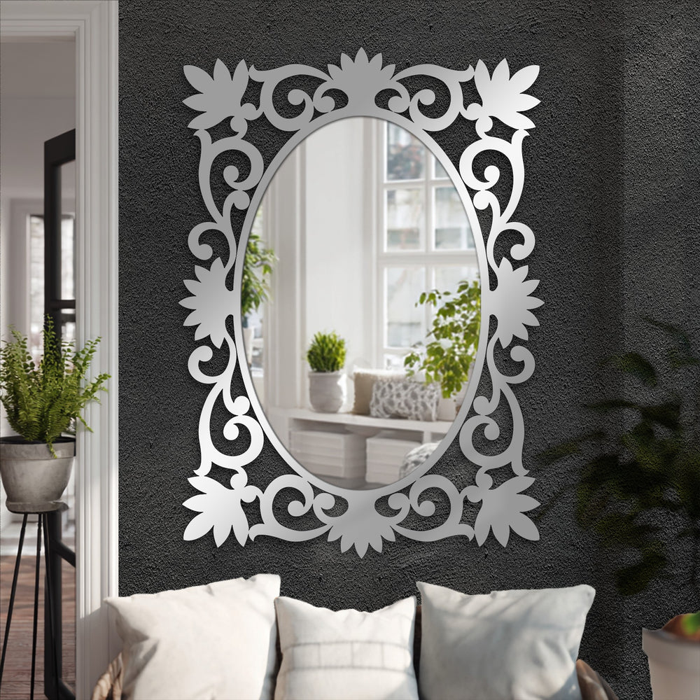 Elaborate floral edges of the mirror add an elegant touch to decorating with wall mirrors, framing the oval Floral Baroque Elegance Floor Mirror.