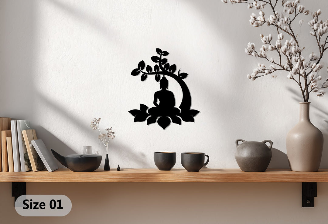 Bodhi Tree Buddha Metal Wall Art – Meditative Lotus Silhouette