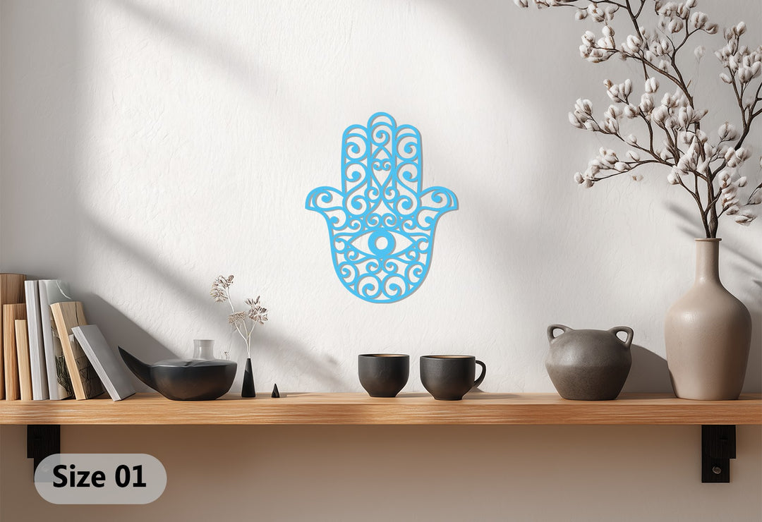 Highlighting the shelf support, the darkest area showcases a captivating hamsa hand metal art for wall, an evil eye protective spiritual wall decor adding depth and intrigue.
