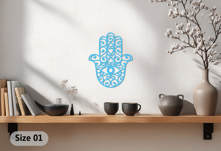 Highlighting the shelf support, the darkest area showcases a captivating hamsa hand metal art for wall, an evil eye protective spiritual wall decor adding depth and intrigue.