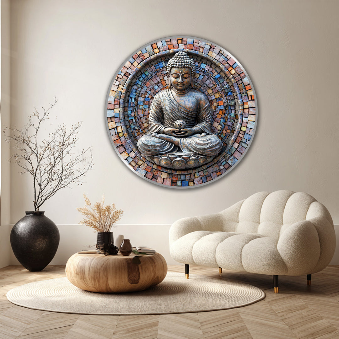 The stillness of the Sacred Mosaic Serenity round Buddha brings a peaceful energy to the oil painting reproduction print, as its colorful mosaic halo emanates a calming aura.