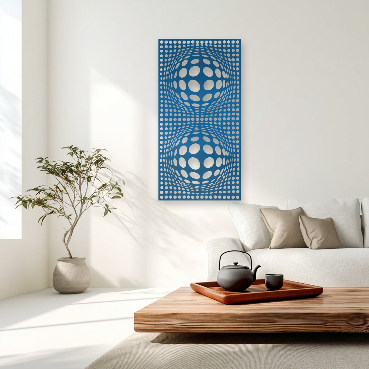 The striking focal point is a vibrant blue and white hypnotic orb geometry unique metal wall art, creating an optical illusion dot pattern.