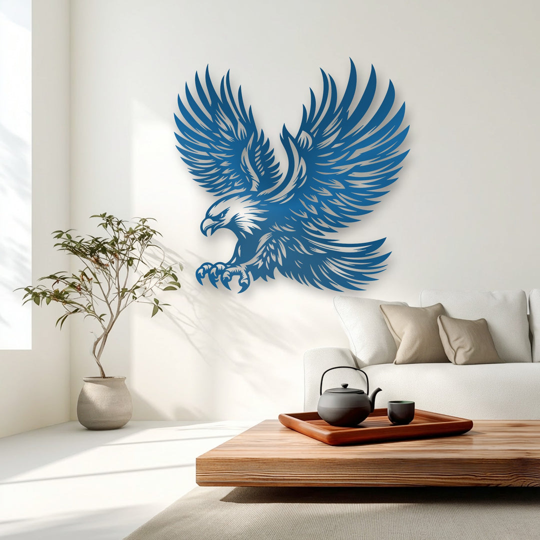 Plush throw pillows on a crisp white sofa softly anchor the room beneath a striking blue majestic eagle unique metal wall art piece.