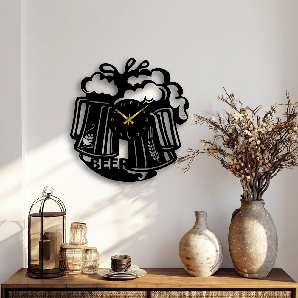 Frothy beer mugs surround the focal point of this pub-style beverage design metal art for wall clock, a fun and functional accent.