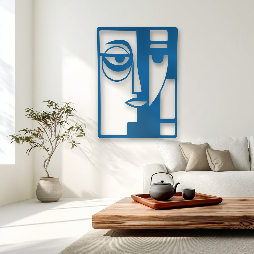 The visual rhythm of the abstract dual face modern geometric metal artwork, with its bold lines and shapes, creates a captivating focal point.