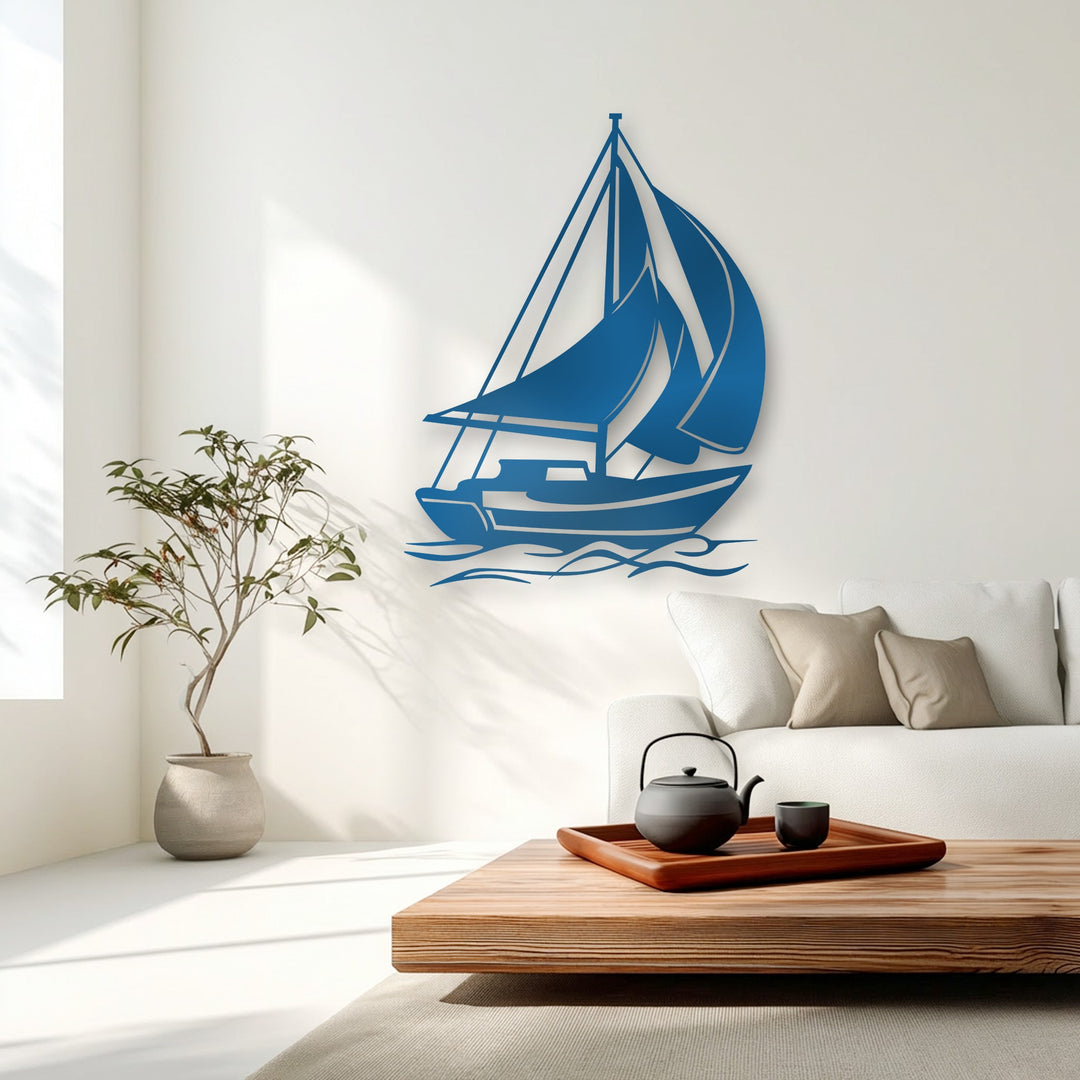 The sleek, angular lines of the azure sailboat metal artwork depict a graceful vessel cutting through geometrically rendered ocean waves.