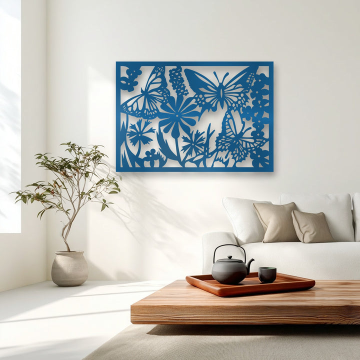 Realistically detailed deep blue butterfly garden metal wall art showcases intricate floral silhouettes, a captivating decoration wall art.