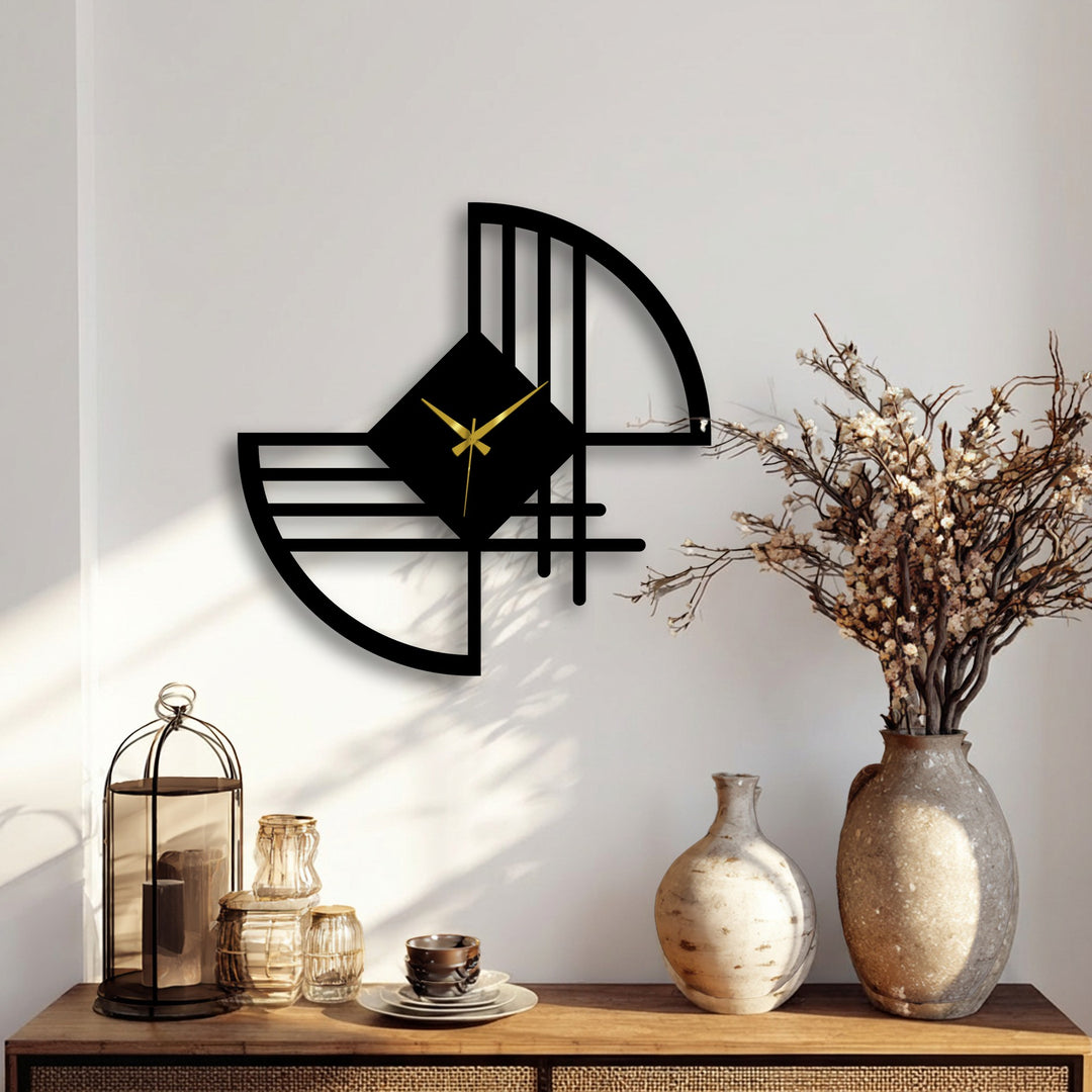 The modern geometric form and minimalist aesthetic of this abstract line metal wall clock creates a contemplative mood, enhancing this decorative metal art.