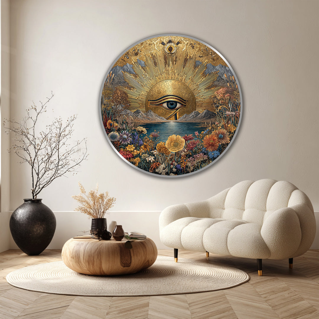 Detailed and textured, the finish of this round wooden golden horizon eye sacred landscape oil painting decoration brings a mystical ambiance.