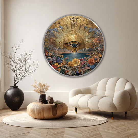 Detailed and textured, the finish of this round wooden golden horizon eye sacred landscape oil painting decoration brings a mystical ambiance.