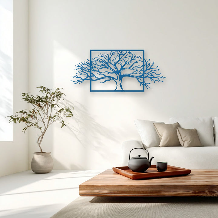 Expertly crafted from high-quality metal, this unique metal wall art features a stunning deep blue framed tree design, showcasing abstract nature branches.