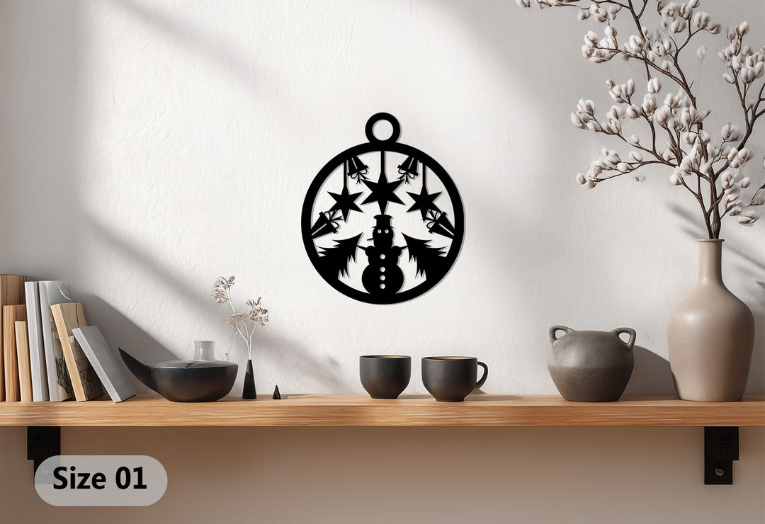 بهجة النجوم - رجل الثلج وأشجار عيد الميلاد فن جداري معدني