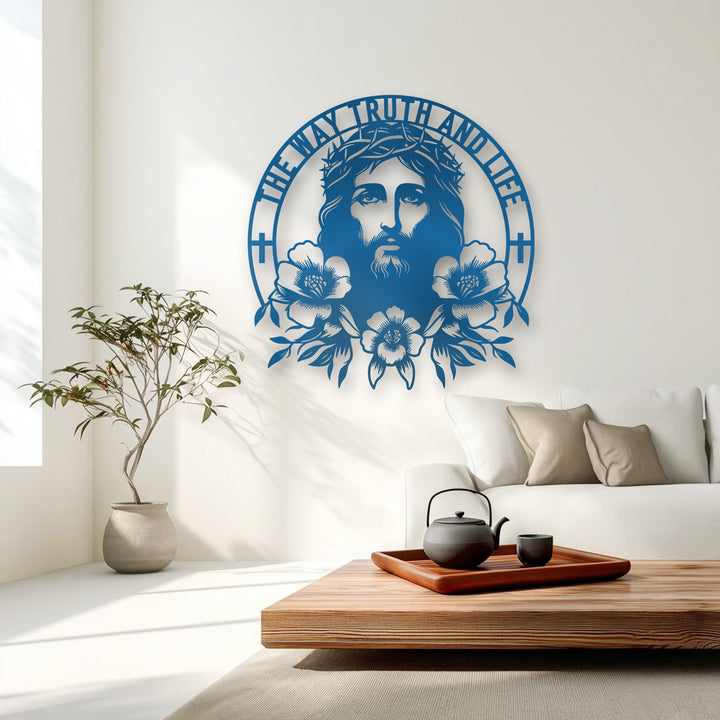 The image features a deeply saturated, vibrant blue Sacred Jesus metal art for wall, creating a striking focal point.