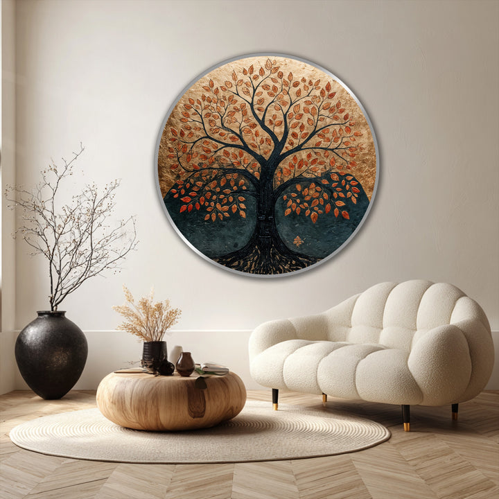 The stillness of the nature scene is captured in this round oil painting wall art, depicting an autumn tree with copper leaves in earthy tones.