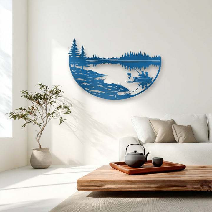 The interplay of light and shadow beautifully defines the vibrant blue peaceful fishing lake metal wall art, a captivating piece of decorative metal art.