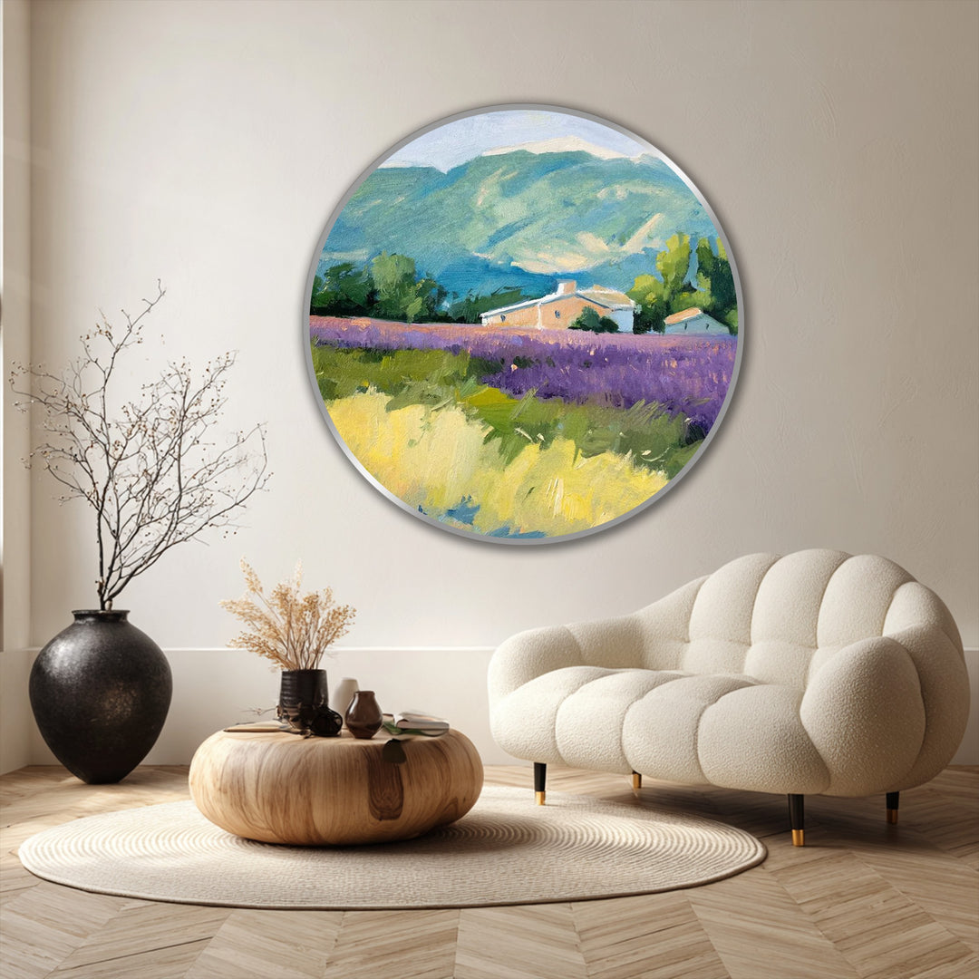 Lavender Horizon Retreat – Provence Landscape Round Oil Painting