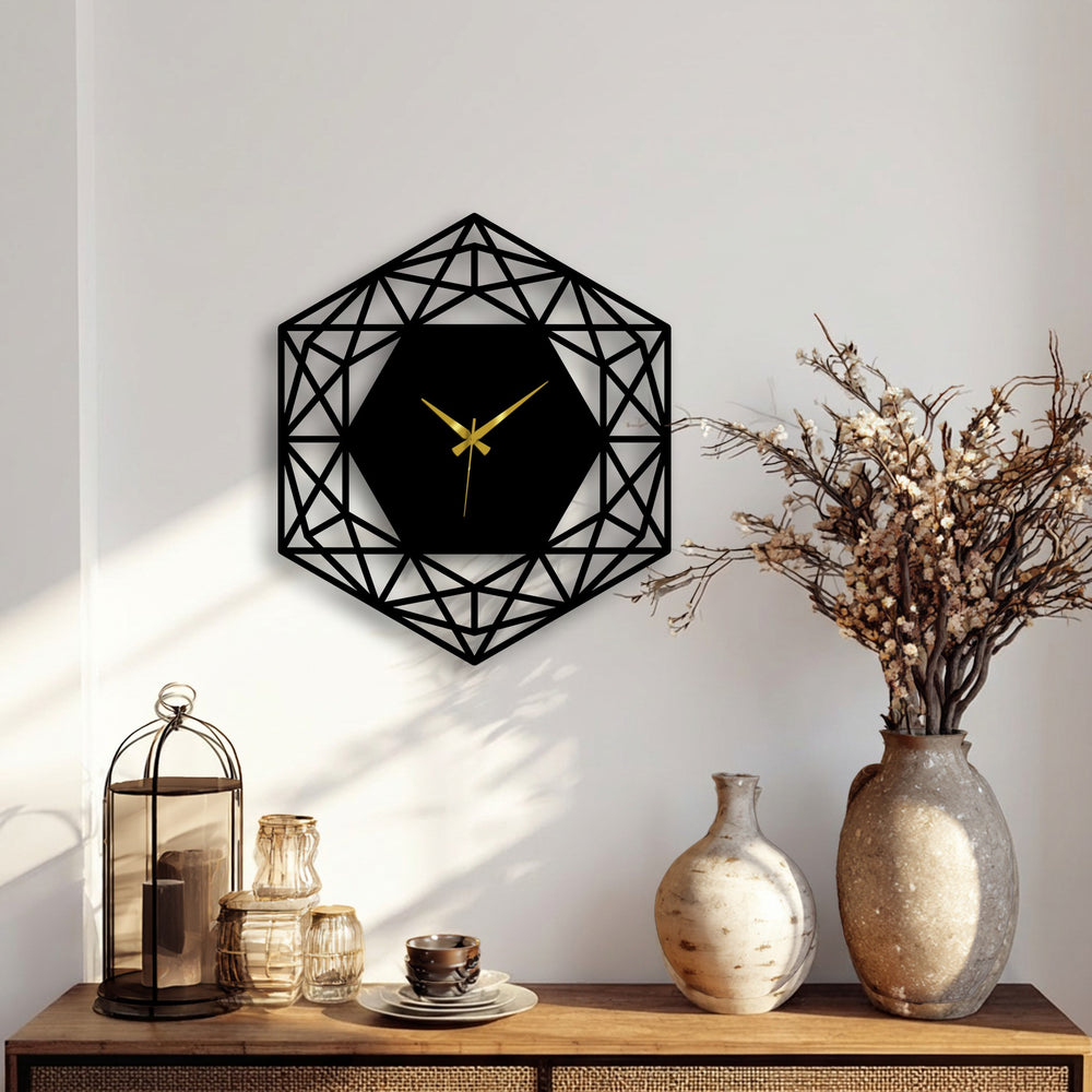 With a subtly balanced color saturation, this modern minimalist Geometric Hexagon Metal Wall Clock stands out as elegant decoration wall art.