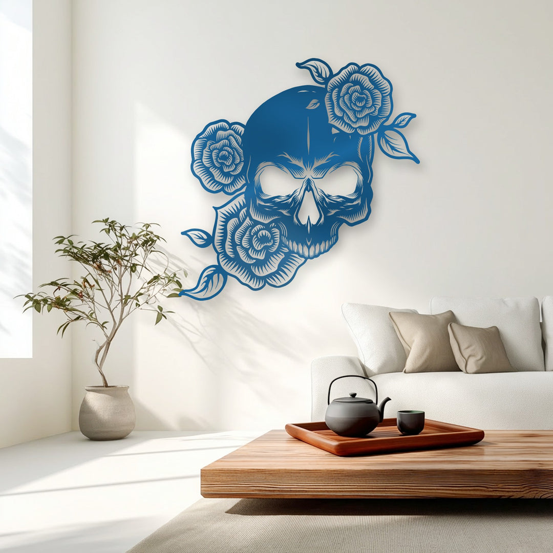 The intricate geometric patterns of the stylized floral skull metal wall decor feature sharp, cut-out lines.