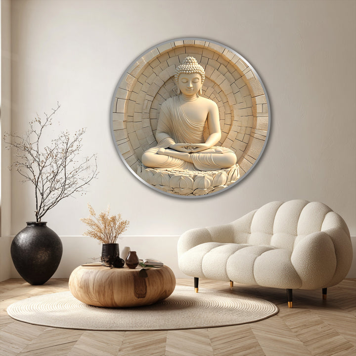 Swirling textures accentuate the calming energy of this ivory stone Buddha round oil painting wall art, creating a dynamic focal point in any space.