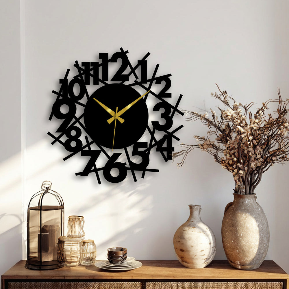 The darkest area of the abstract numeric chaos modern metal wall clock highlights the unique design elements characteristic of metal art for wall decoration.