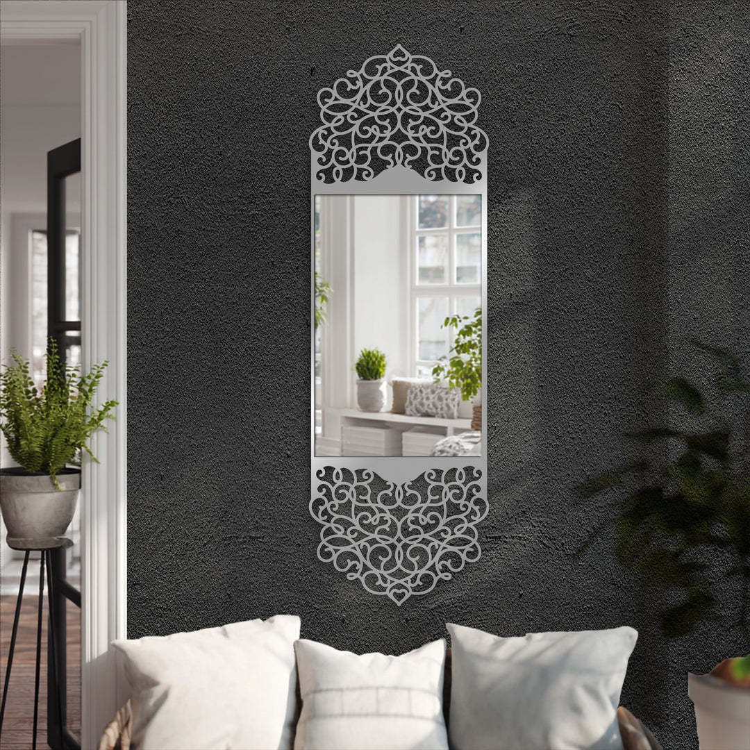 A serene mood emanates from this ornate arabesque arch frame floor mirror, a modern wall mirrors piece with an elegant black metal artwork design.