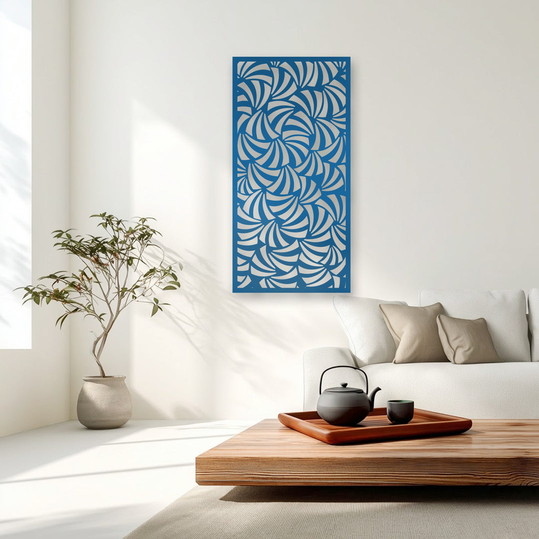 A prominent unique metal wall art panel with a modern geometric spiral flow abstract pattern in captivating blue and silver tones.