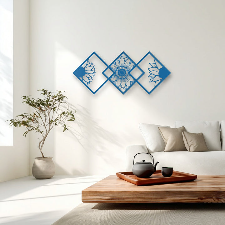 A light wooden coffee table with a dark teapot and cup on a tray creates a warm foreground, complementing geometric sunflower metal art for wall.
