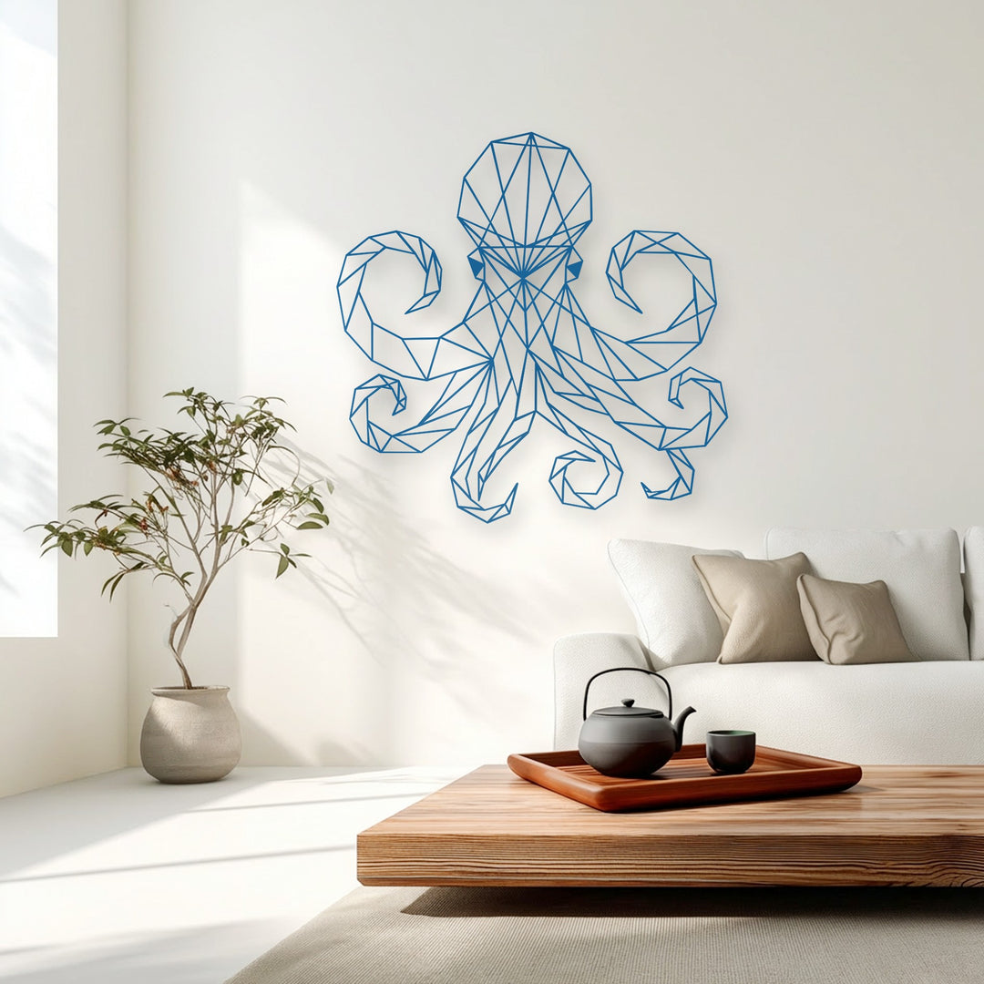 The serene and modern mood of this sunlit room is elevated by stunning geometric octopus decorative metal art, creating a tranquil marine aesthetic.