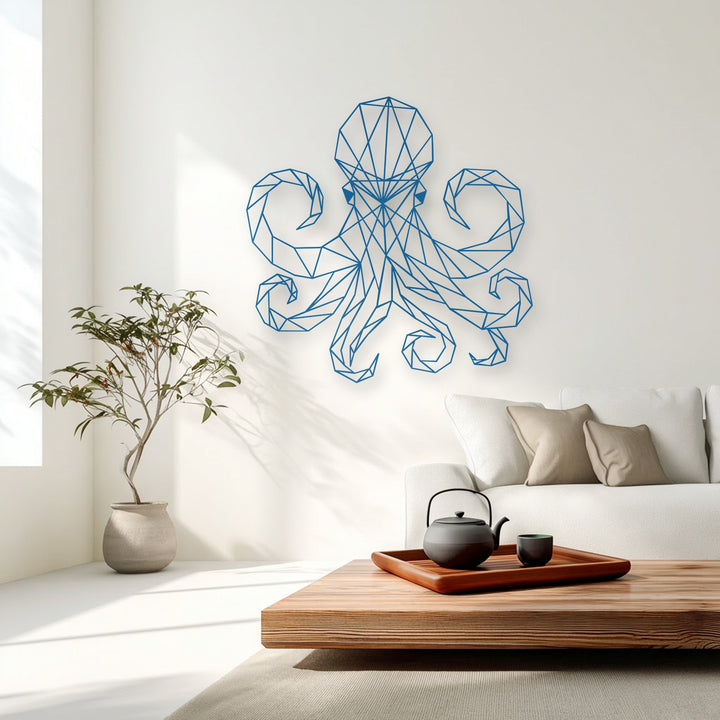 The serene and modern mood of this sunlit room is elevated by stunning geometric octopus decorative metal art, creating a tranquil marine aesthetic.