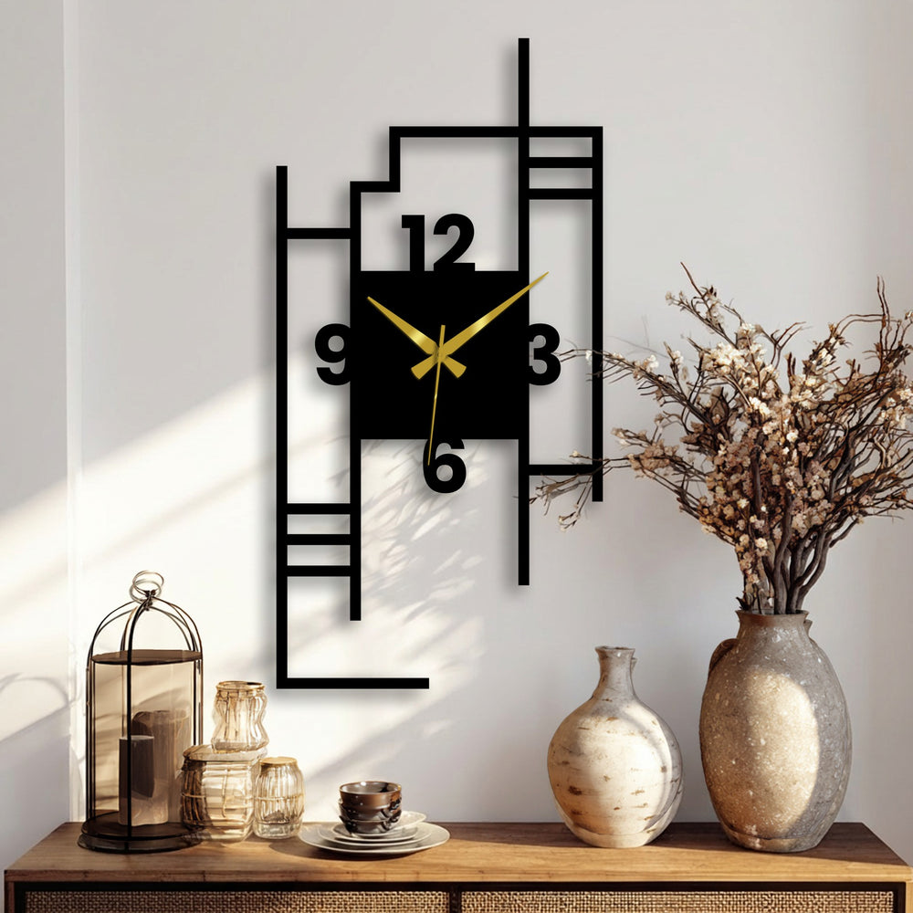 Highlighting the layering effect, this modern geometric metal art for wall clock features a city skyline design with overlapping black lines and bold gold hands.