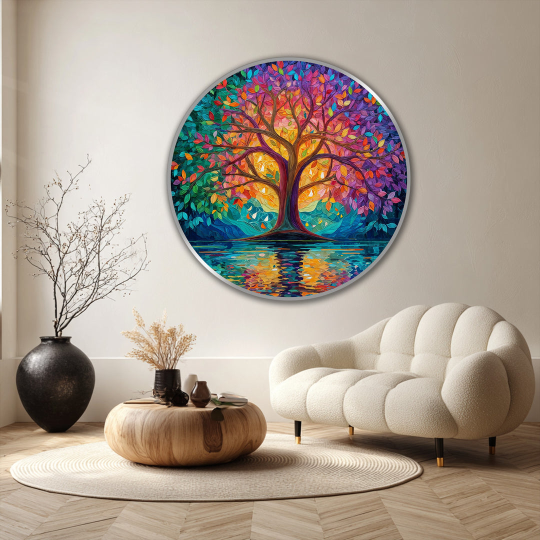 Masterfully crafted with exceptional detailing, this radiant spectrum tree oil painting artwork features rich, blended colors and textures in a round, abstract design.