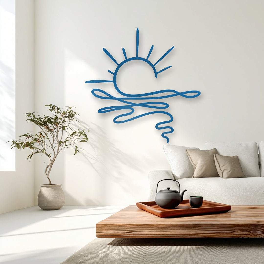 Vertically oriented abstract metal artwork features a fluid sun and wave design, rendered in a continuous, organic line shape.