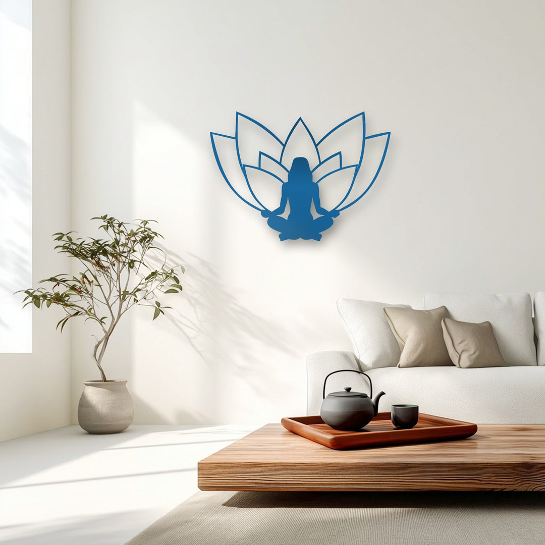 The visual rhythm of the deep blue lotus meditation silhouette decorative metal art creates a harmonious flow on the clean white wall.
