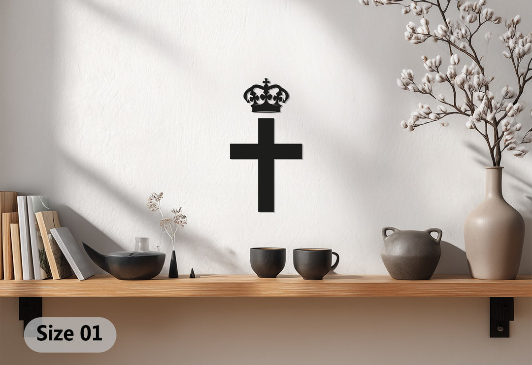 Cross with Crown Metal Wall Art – Black Religious Wall Sculpture
