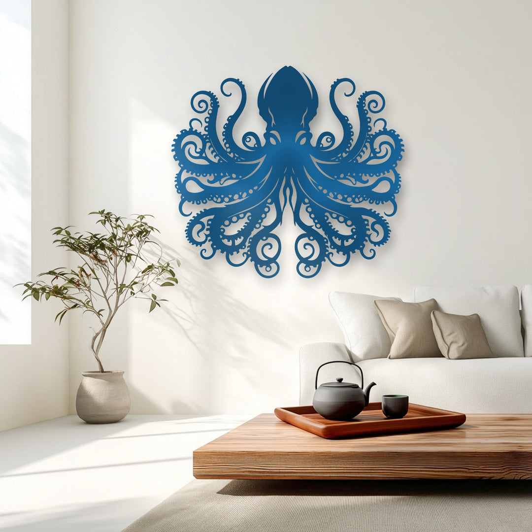 The focal point is a majestic deep blue octopus metal decoration wall art, its intricate tentacles captivating on the bright white wall.