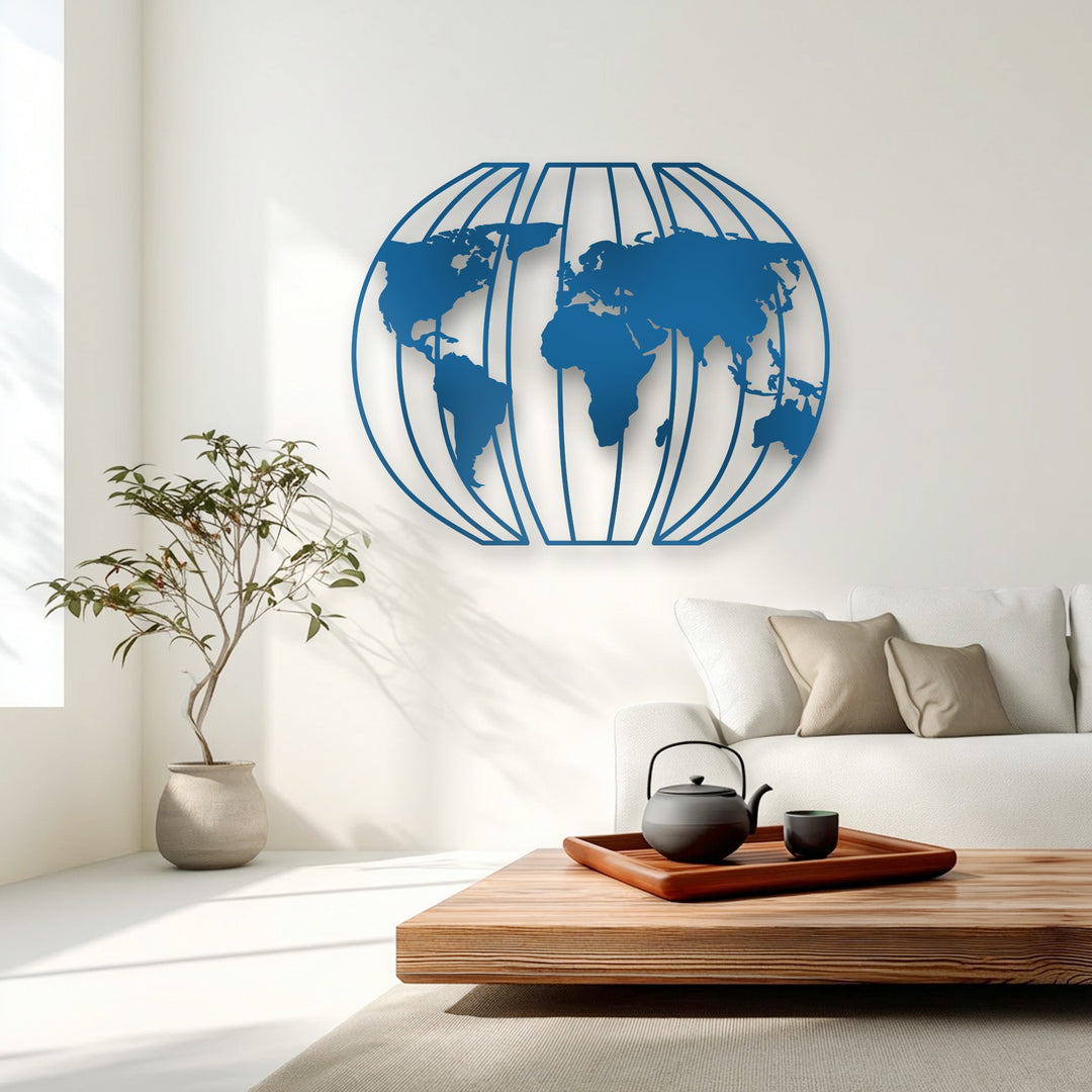 The striking vibrant blue 3D globe world map, a captivating piece of metal art for wall, creates a contemporary focal point on the bright white wall.