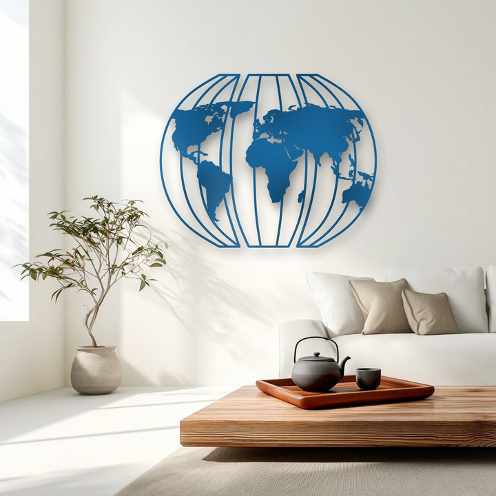 The striking vibrant blue 3D globe world map, a captivating piece of metal art for wall, creates a contemporary focal point on the bright white wall.