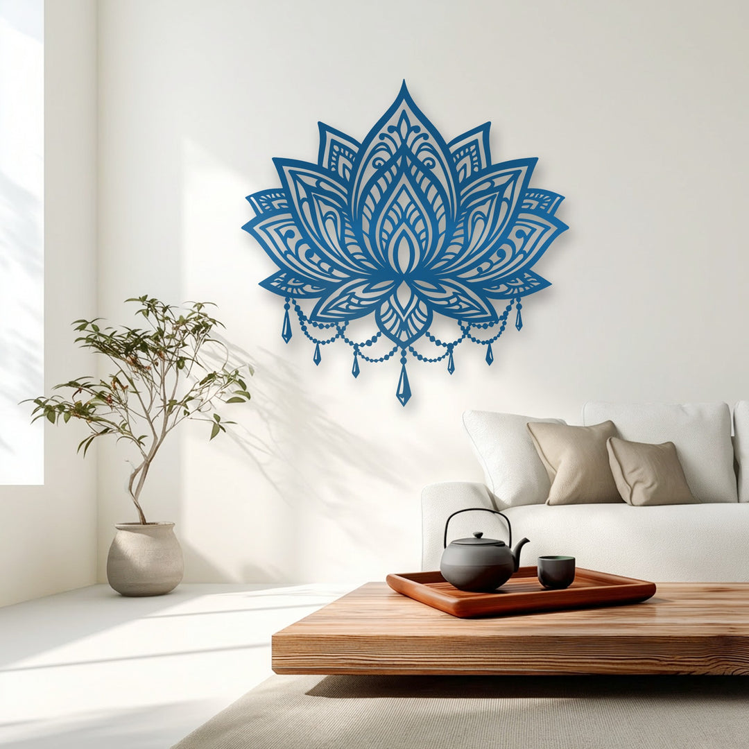 Geometric precision defines the intricate, stylized patterns of this large blue lotus decorative metal art, showcasing symmetrical elements.